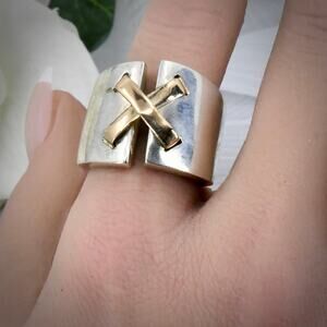 Vintage A&R 14K Gold 925 Sterling Silver Two-Tone X Crossover Wide Band Ring 7.5